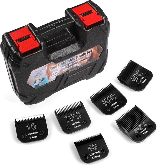 6 Packs Detachable Dog Grooming Steel Blades with Blade case Holder,Compatible with Andis,Oster A5,Wahl KM-10 Series,Cutting Length 1/100" to 1/2"(10+40+7FC+5FC+4FC+3-3/4FC-black)