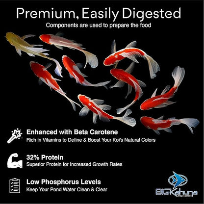BIG Kahuna Koi Fish Food- 1lbs Food – Made in The USA - Koi Food Floating Pellets – 3/16" - 1/4" Pellet Size – 32% Protein Fish Food – Rich in Nutrients