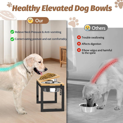 Dog Bowls Elevated, 4 Height (9.6" to15) & Angle (0-20°) Adjustable Raised Dog Bowl Stand, Elevated Dogs Bowl for Medium to Large Sized, Bamboo Feeding Station with 2X 10cups Stainless Steel Dishes