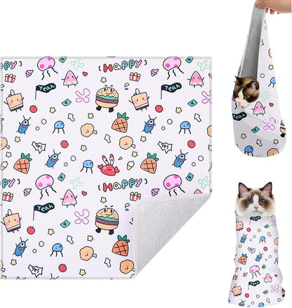 Cat Grooming Wrap for Cutting Nails, 27.5 * 27.5in Self-Adherent Cat Scratching Blanket for Nail Clipping Ear Cleaning Teeth Brushing Cats Anti-Scratch/Escape Swaddle Restraint Bag (White)