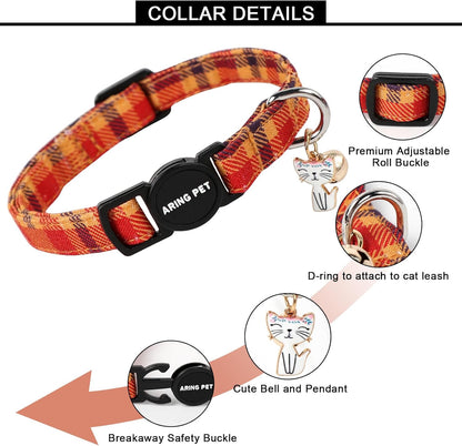 ARING PET 2 Pack Fall Cat Collars-Cute Breakaway Cat Collar with Bell & Pendant, Adjustable Halloween Plaid Kitten Collars with Safety Buckle for Girl and Boy Cats