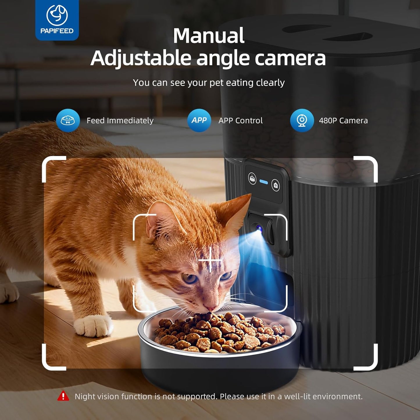 PAPIFEED Automatic Cat Feeder with Camera with 84 oz/2.5L Automatic Pet Drinking Fountain，‌Adjustable Angle 2.4G WiFi/App Pet Food Dispenser，3.5L/15 Cup Timed Dispenser with Two-Way Audio