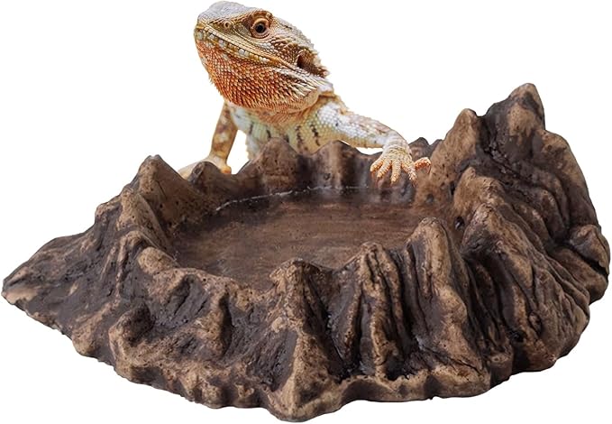 Rockery Reptiles Food Bowl,Amphibian Feeding Bowl Landscaping Tank Accessory,Small Pets Water Dish Terrarium Decor for Lizards,Gecko,Chameleon,Snake,Tortoise,Brown,1 Piece