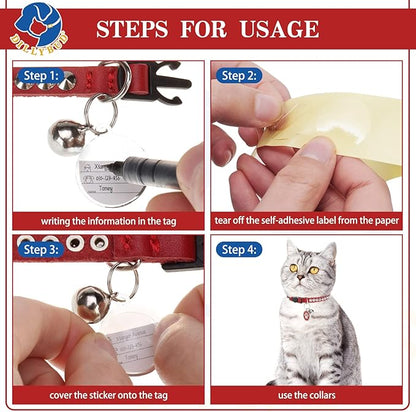 Leather Personalized Breakaway Cat Collar with Studded Bell and Safety Quick Release Buckle - Rivets Studded ID DIY Collars for Boy Girl Cats Kittens, 9" - 11.5" Red