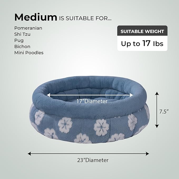BALANCE Cat Beds for Indoor Cats, Washable Round Cat Bed, Cute 3D Flower Kitten Bed with Anti-Slip Bottom for Puppy and Kitten, 23 Inches, Blue
