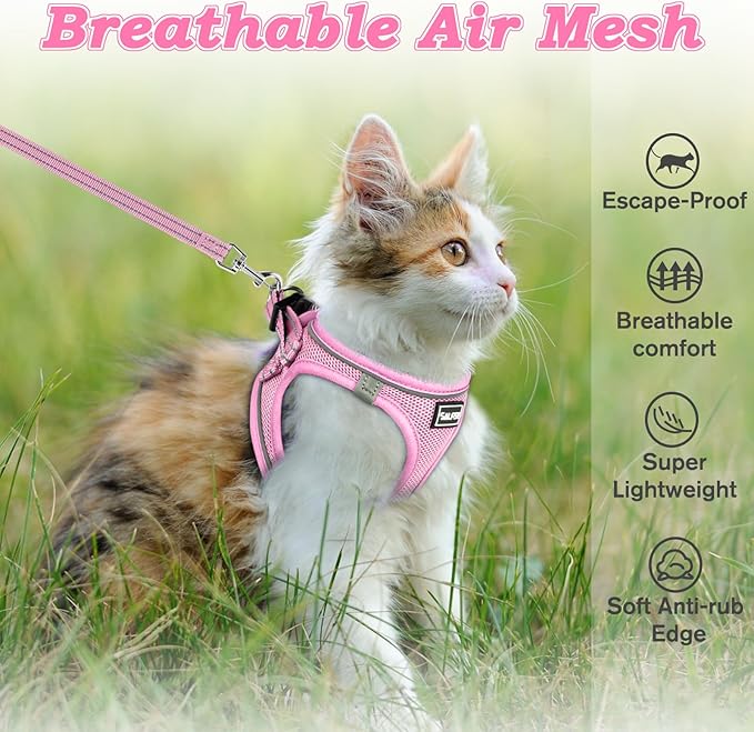 Cat Harness and Leash for Walking Escape Proof, Adjustable Kitten Vest Harness Reflective Soft Mesh Puppy Harness for Outdoor, Comfort Fit, Easy to Control (NPink, S)