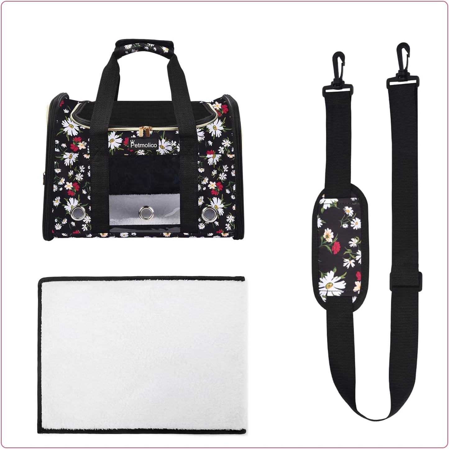 Petmolico Cat Carrier Dog Carrier, Airline Approved Soft Pet Travel Carrier with 3 Open Doors Mesh Windows for Cats Puppy 16 lbs, White Daisy