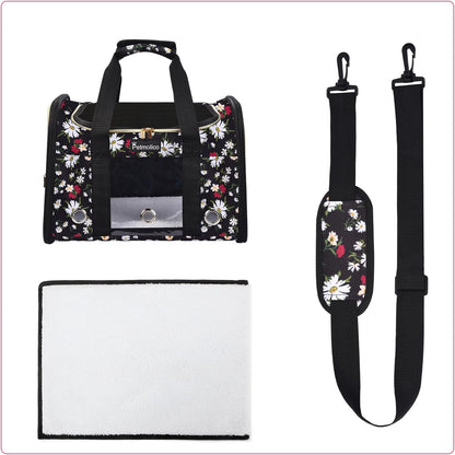 Petmolico Cat Carrier Dog Carrier, Airline Approved Soft Pet Travel Carrier with 3 Open Doors Mesh Windows for Cats Puppy 16 lbs, White Daisy