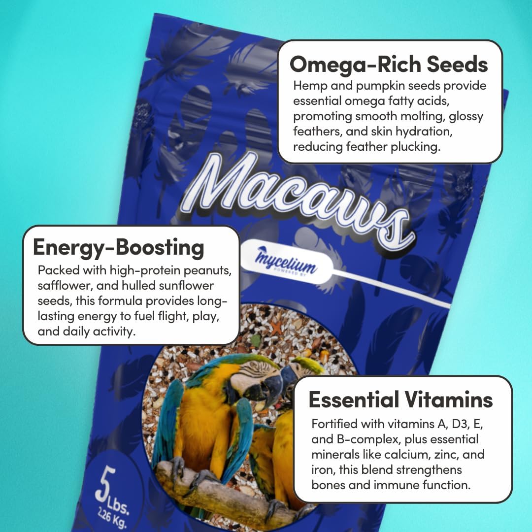 Mycelium Premium Macaw Food | High Protein & Fiber | Safe & Clean Pet Bird Food | Nut Seed Blend with Vitamins, Corn, Buckwheat, Sunflower, Peanuts & Whole Hemp Seed | Organic, Non-GMO 5 lb Bag