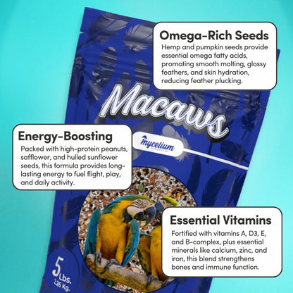 Mycelium Premium Macaw Food | High Protein & Fiber | Safe & Clean Pet Bird Food | Nut Seed Blend with Vitamins, Corn, Buckwheat, Sunflower, Peanuts & Whole Hemp Seed | Organic, Non-GMO 5 lb Bag