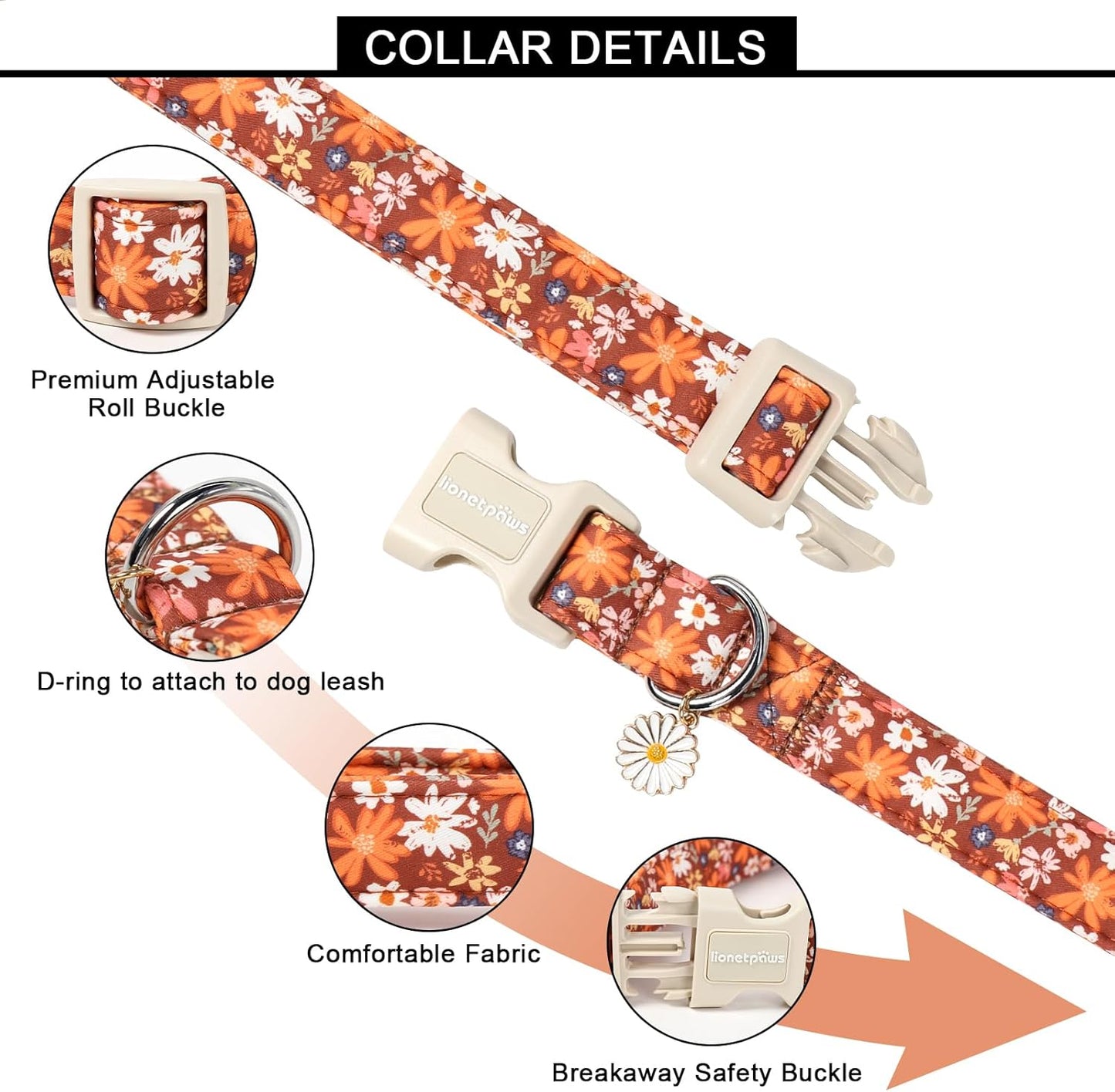 Lionet Paws Floral Dog Collar- Cute Fall Groundsel Oxalis Golden-Rod Dog Collars with Plastic Buckle,Light Adjustable Dog Collars for Small Dogs