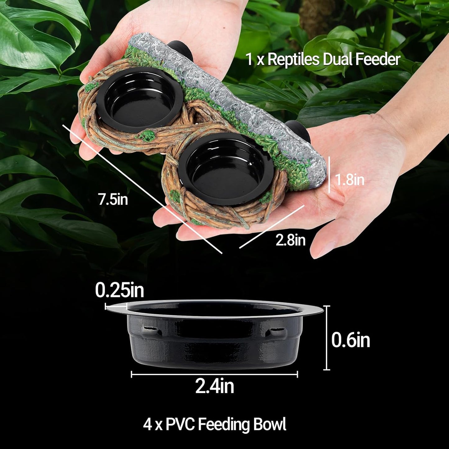 REPTI ZOO Magnetic Reptile Feeder Ledge, Gecko Feeder with 4 Cups, Hollow Vine Food Dish, Water Bowl for Lizard & Snake, Terrarium Accessories