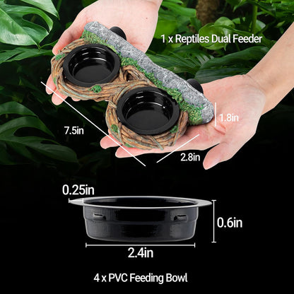 REPTI ZOO Magnetic Reptile Feeder Ledge, Gecko Feeder with 4 Cups, Hollow Vine Food Dish, Water Bowl for Lizard & Snake, Terrarium Accessories