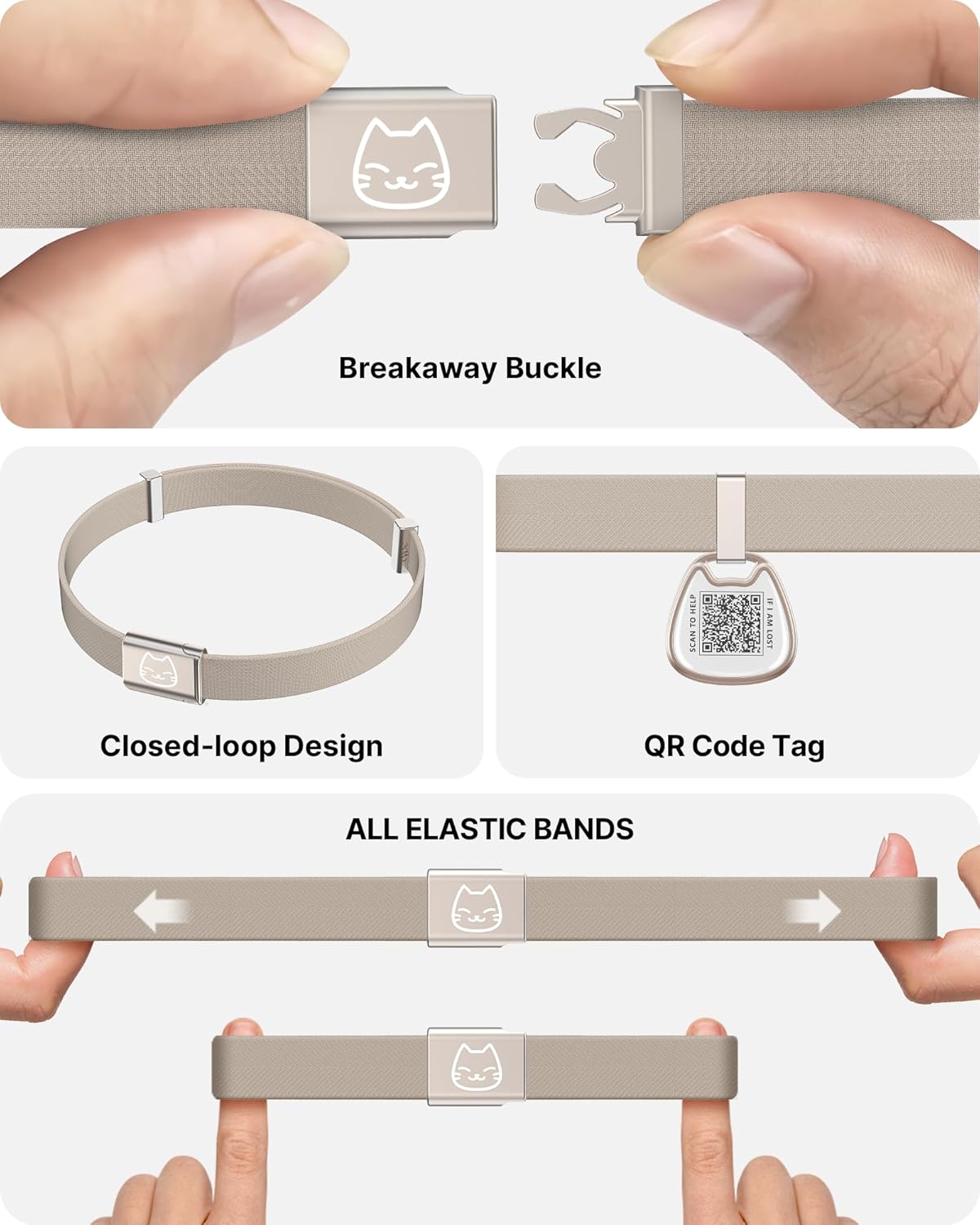 Cat Collar with QR Code Name Tag, Breakaway Kitten Collar for Boy & Girl Cats, Ultra Soft Elastic Adjustable Band, Safety Break Away Buckle, Comfortable & Secure Pet ID Collar (6"-12"), Khaki