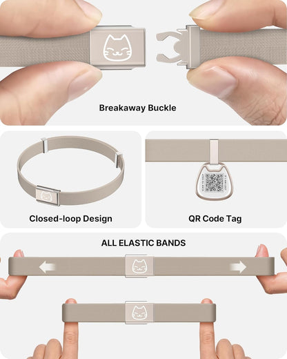 Cat Collar with QR Code Name Tag, Breakaway Kitten Collar for Boy & Girl Cats, Ultra Soft Elastic Adjustable Band, Safety Break Away Buckle, Comfortable & Secure Pet ID Collar (6"-12"), Khaki