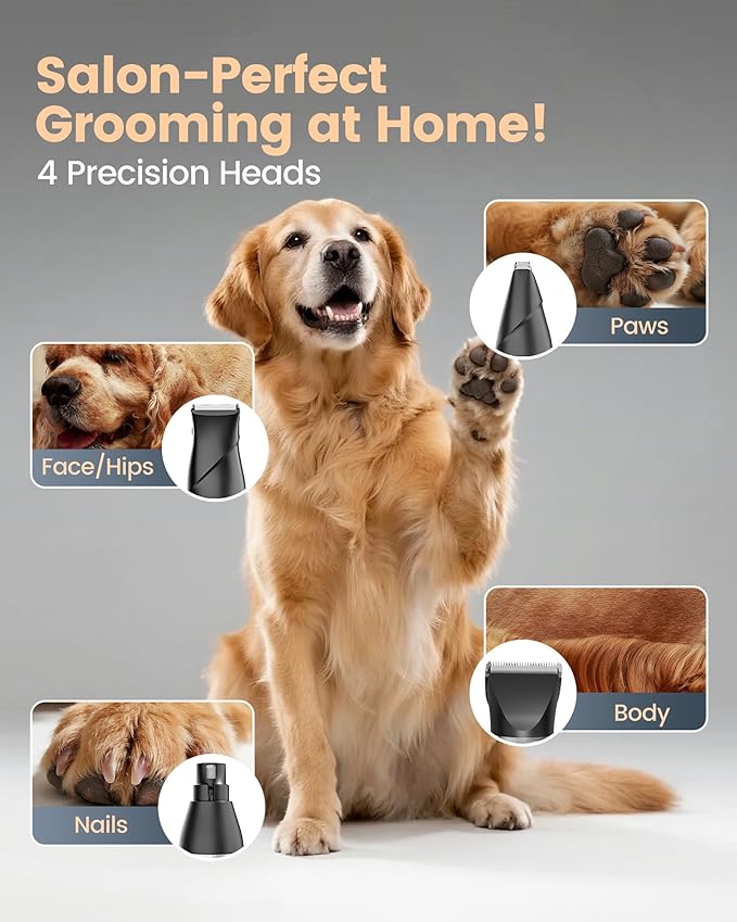 4 in 1 Dog Grooming Kit for Thick Hair, 2000mAh Heavy Duty Dog Clippers for Grooming, 2-Speed Low Noise Dog Paw Trimmer with Nail Grinder for Body, Paws, Nail, Face, Ears, Legs