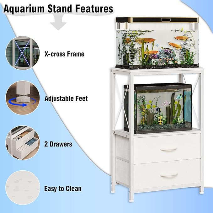 Fish Tank Stand 10 Gallon with 2-Tier Shelf, Aquarium Stand with 2 Drawers, Metal Frame Heavy Duty Reptile/Turtle Tank Stand for Home Office, Fish Tanks Accessories Storage, White