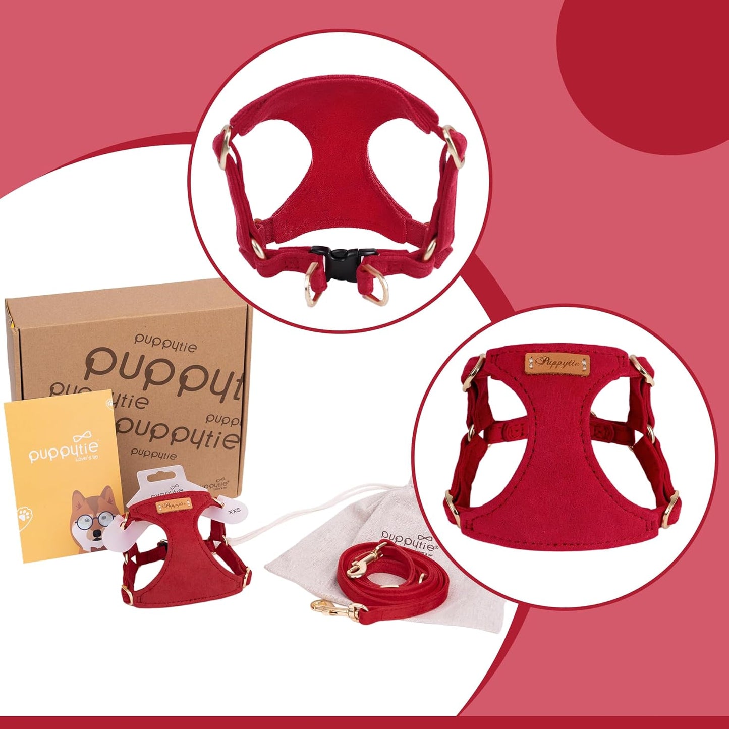 Puppytie No Pull XXS Puppy Harness with Multifunction Dog Leash,Soft Adjustable No Choke Escape Proof Pet Harness Vest,red-Camellia,XXS