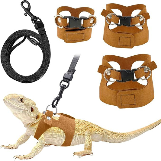 Bearded Dragon Leash and Harness Set - 3-Size Adjustable Soft Leather Vest for Training & Walking, Easy-On-and-Off Design (Brown) (Brown, 2M)