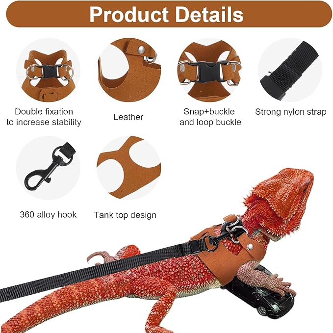 3 Sizes Leash for Bearded Dragon,Bearded Dragon Leash and Harness Set,Adjustable Soft Leather Lizard Harness for Reptile, Squirrel, Rat, Small Animal Walking Vest (Brown)