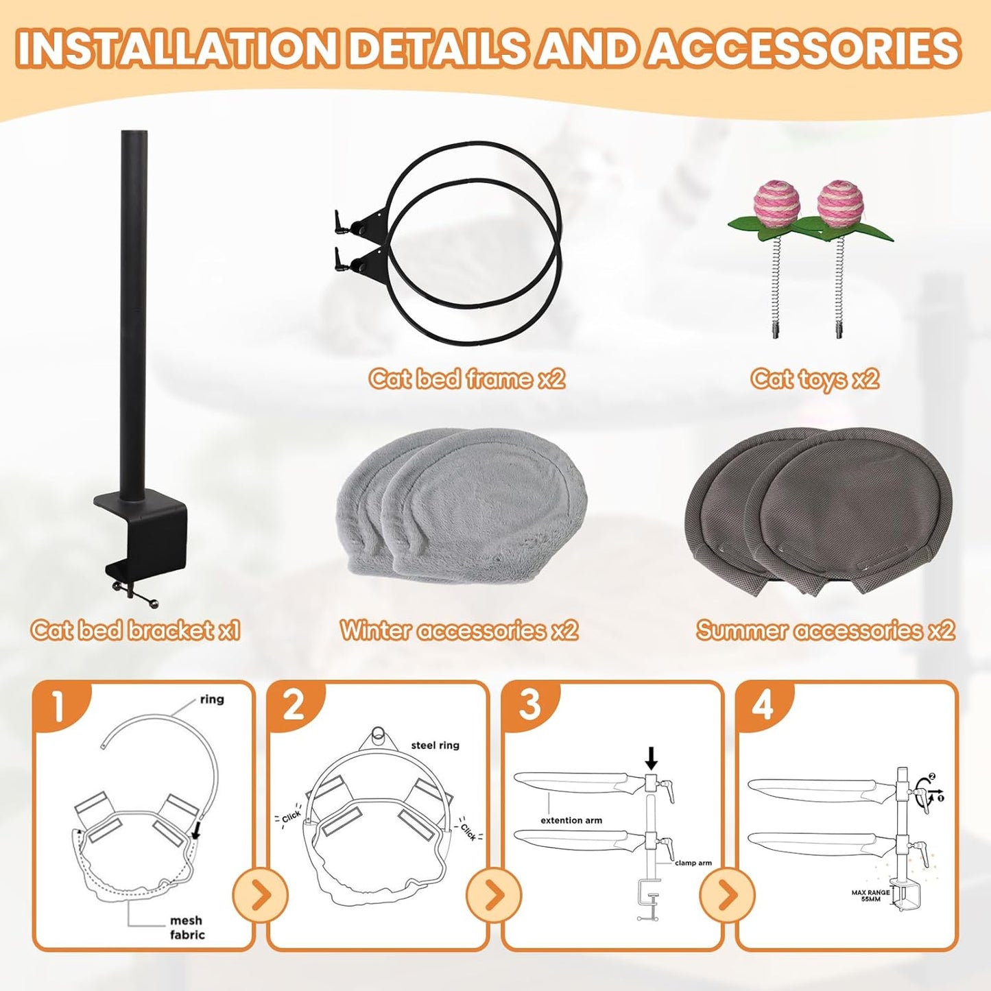 Double Cat Desk Bed, 360° Rotating & Adjustable Desk Mount with Soft Faux Fur & Breathable Mesh Accessories, Ergonomic Cat Perch for Remote Workers,Gamers, and Office Staff - Supports up to 44 lbs