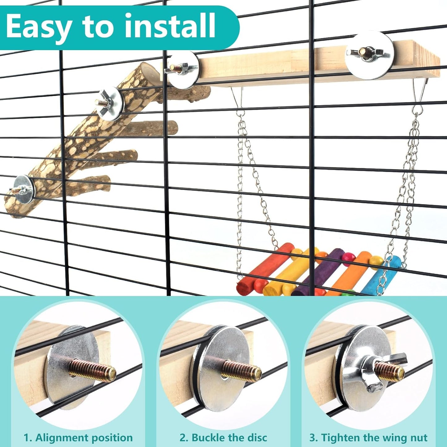 3in1 Bird Chewing Toys for Small Animal, Wooden Ladder Perch for Cage, Parrot Platform Colourful Swing Hammock Bridge Climbing Exercise Cage Accessories for Budgies Cockatiels Lovebirds Hamster