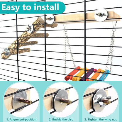 3in1 Bird Chewing Toys for Small Animal, Wooden Ladder Perch for Cage, Parrot Platform Colourful Swing Hammock Bridge Climbing Exercise Cage Accessories for Budgies Cockatiels Lovebirds Hamster