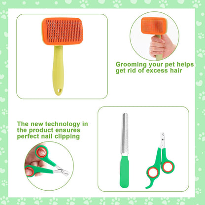 VCZONE 8 Pcs Dog Grooming Kit: Nail Clipper, Flea Comb, Shampoo Brush, Shedding Brush, Dematting Comb, Silicone Toothbrush (Green)