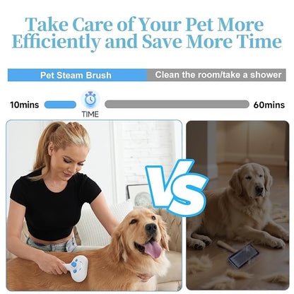 Pet Steam Brush for Dog & Cat - 3-in-1 Steam Grooming Brush for Shedding & Hair Removal - Self Cleaning Spray Comb with Mist for Long Haired Pets - Includes 2*Waterless Shampoo, Blue