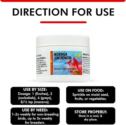 Morning Bird Moringa Leaf Powder 1 oz – Natural Food Supplement for Birds, Rich in Vitamins & Minerals, Boosts Immune System & Energy, Supports Healthy Feathers, Digestion, and Overall Avian Wellness