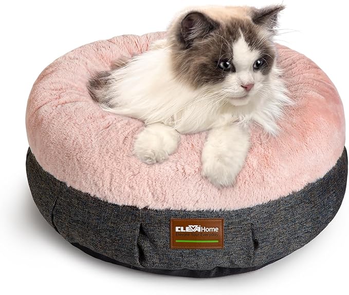ClevaHome Cozy Cat Bed - Ultra-Soft Plush Pet Bed with Raised Sides and Anti-Slip Base, Comfortable Round Bed for Small Pets up to 11 lbs