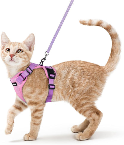 rabbitgoo Cat Harness and Leash for Walking, Escape Proof Soft Adjustable Vest Harnesses for Cats, Easy Control Breathable Reflective Strips Jacket, Pink & Purple, XS