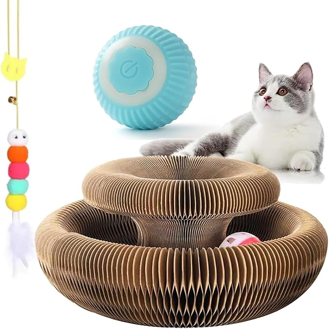 Kitty Curlz Interactive Cat Toy, Brown Accordion Kitty Curls Scratching Board with Paw Design, Bell Ball, Magnetic Collapsible Tunnel for Cats