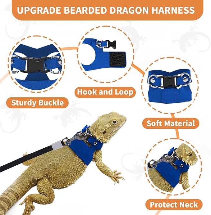 3 Pack Bearded Dragon Leash and Harness Set, Retractable 9.8FT Leash with 3 Sizes Adjustable Soft Harness for Reptile Small Animals Outdoor, Cute Lizard Vest Clothes for Reptile Lovers -Blue