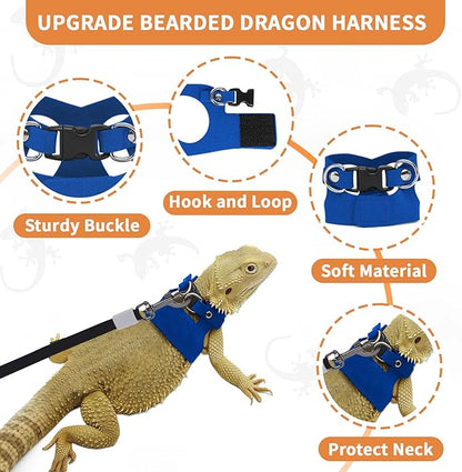 3 Pack Bearded Dragon Leash and Harness Set, Retractable 9.8FT Leash with 3 Sizes Adjustable Soft Harness for Reptile Small Animals Outdoor, Cute Lizard Vest Clothes for Reptile Lovers -Blue