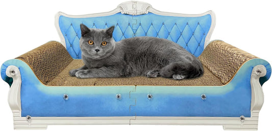 Luxury Cardboard Cat Scratcher Sofa Bed, Couch Shaped Scratching Board, Scratch Lounge with Catnip, Cat Scratcher for Indoor Cats Large Blue