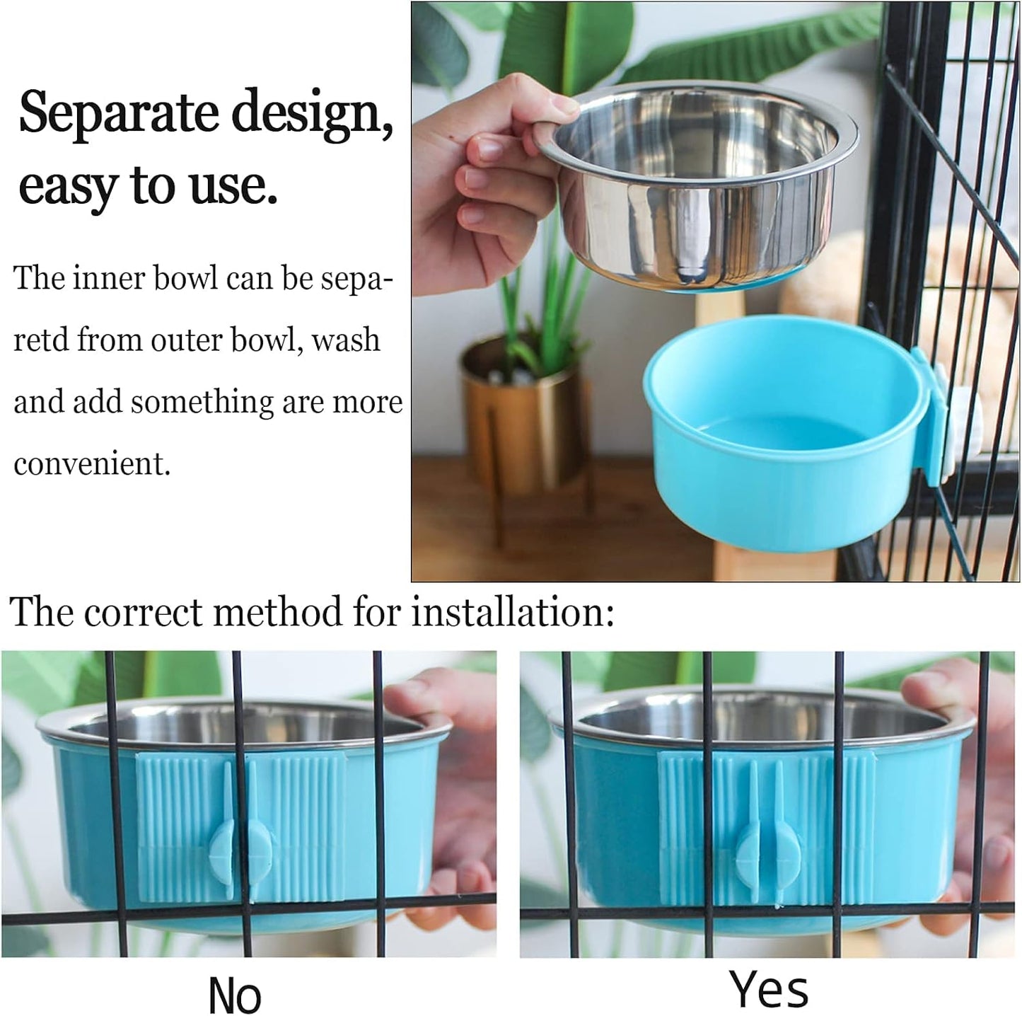 kathson Crate Dog Bowl, Removable Stainless Steel Hanging Pet Cage Bowl Food & Water Feeder Coop Cup for Cat, Puppy, Birds, Rats, Guinea Pigs (3 PCS, Size: M, Blue, Green, Pink)