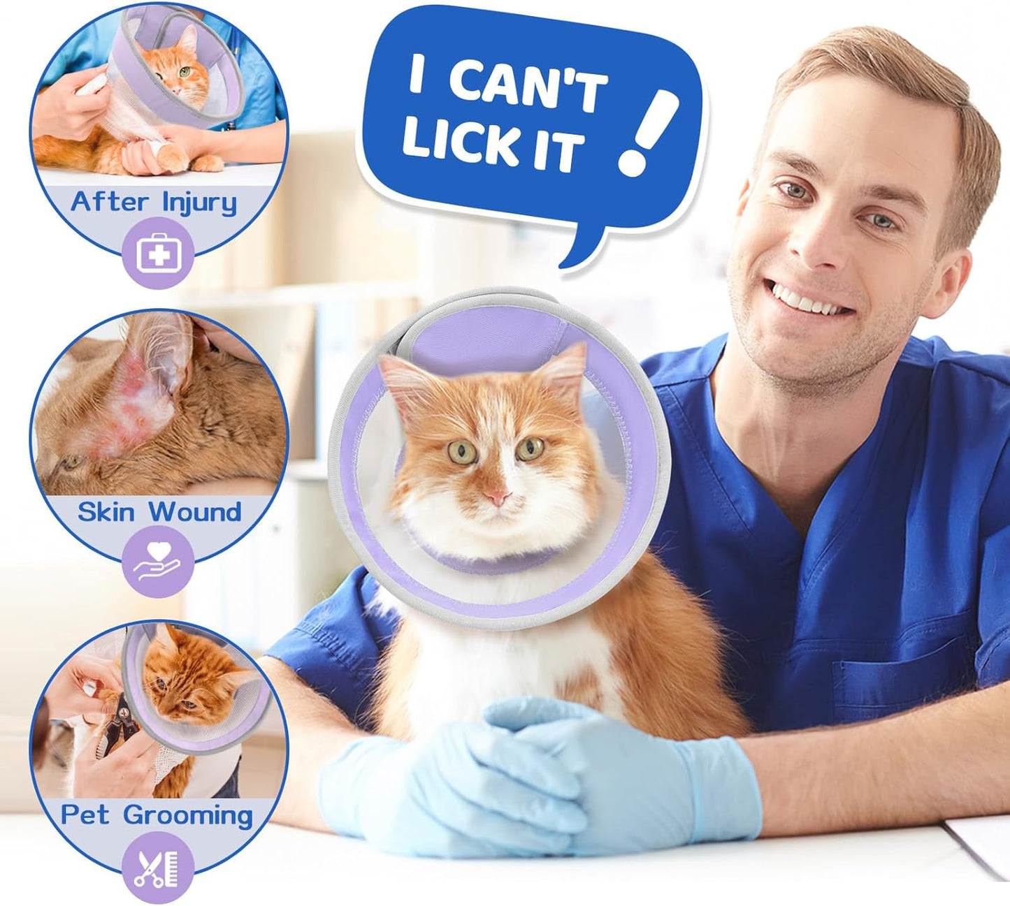 Breathable Air Mesh Cat Cone Collar Soft to Stop Licking, Adjustable, Foldable Lightweight Kitten Cones After Surgery Recovery for Cats & Kittens (Light Purple, S)