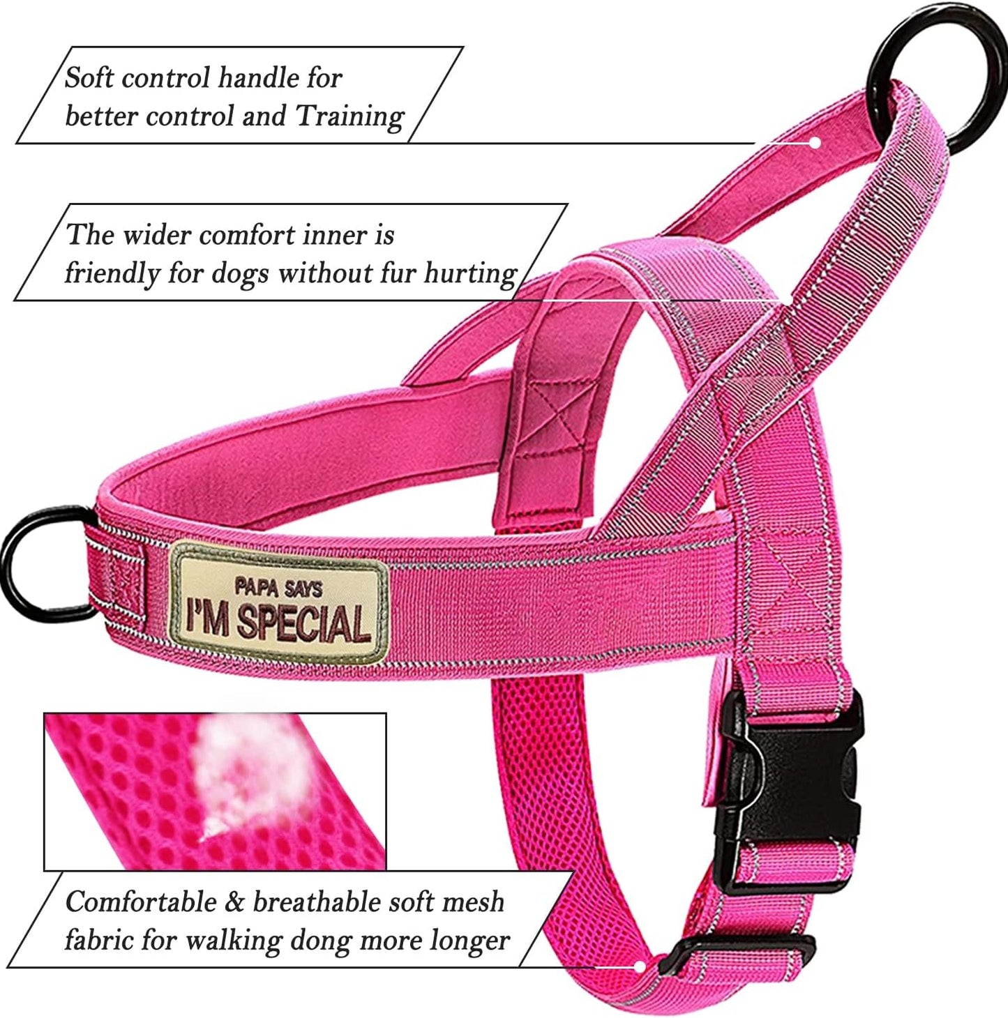 No Pull Dog Harness Pink for Small Medium Large Sized Dog, Reflective Escape Proof Adjustable Dog Harnesses with 2 Patch, S