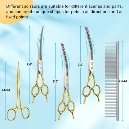 Dog Grooming Scissors,Curved Thinning Shears Curved Chunkers Shears with Safety Round Tips, Sharp and Comfortable 4 in 1 Dog Scissors for Grooming