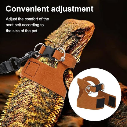 3 Sizes Leash for Bearded Dragon,Bearded Dragon Leash and Harness Set,Adjustable Soft Leather Lizard Harness for Reptile, Squirrel, Rat, Small Animal Walking Vest (Brown)