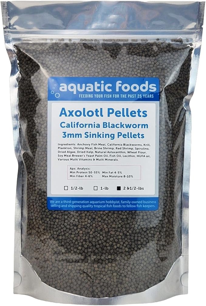 Aquatic Foods Inc. Axolotl Blackworm Pellets. 3mm-1/8 Sinking California Blackworm Medium Pellets for Medium/Large Axolotl, Frogs, Shrimp, Salamanders, Newts, Snails…2 & 1/2-lbs Pouch Bag