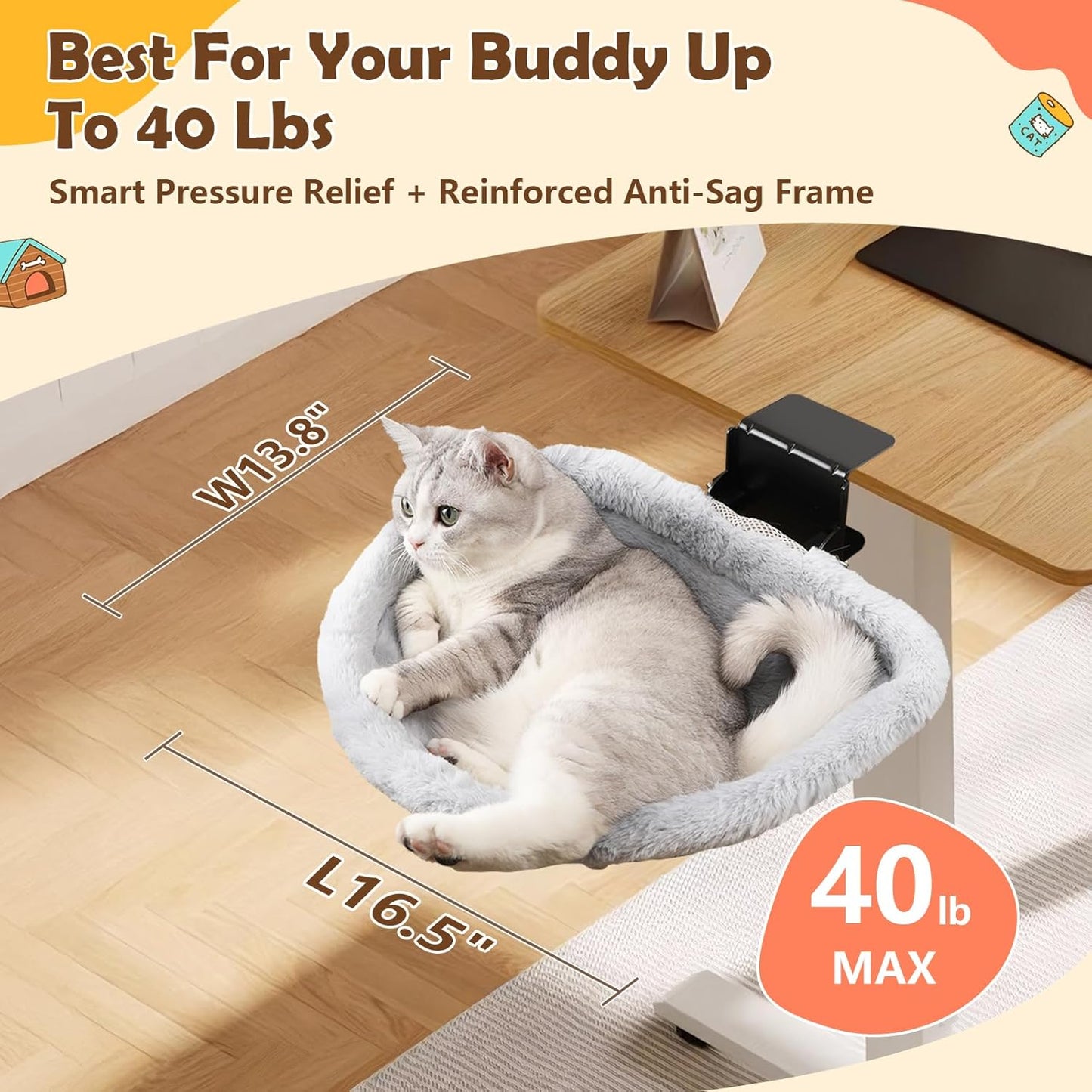 Secure Cat Desk Bed - Extra-Large Clamp & Sunken Hammock Design, Comfy Cat Desk Hammock with Faux Rabbit Fur Cover, Removable & Washable, Holds Up to 40lbs