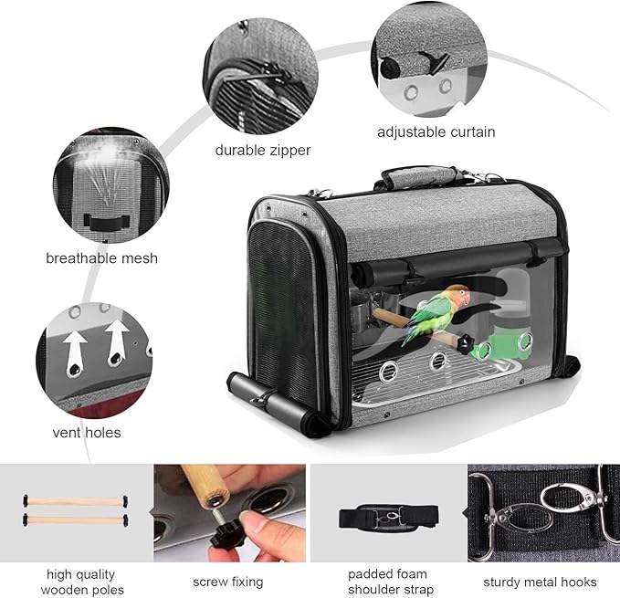 Sanmoncare Bird Carrier Bag Cockatiel Travel Cage with Stand, Lightweight Travel Carrier for Small Bird, Portable Parrot Travel Bag, Pet Transparent Travel Backpack