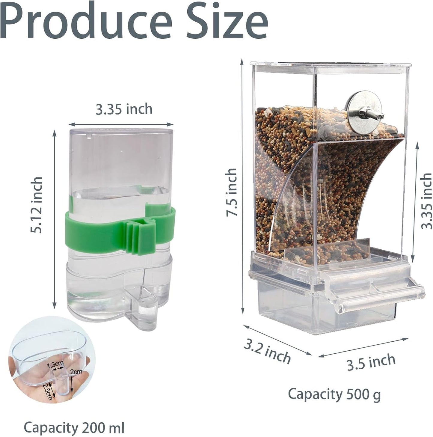 No Mess Bird Feeder Water Dispenser Set, Automatic Transparent Parrot Feeder Acrylic Parrot Food Container Drinker Cage Accessories for Small Birds Parakeet Canary Finch Cockatiel Lovebirds