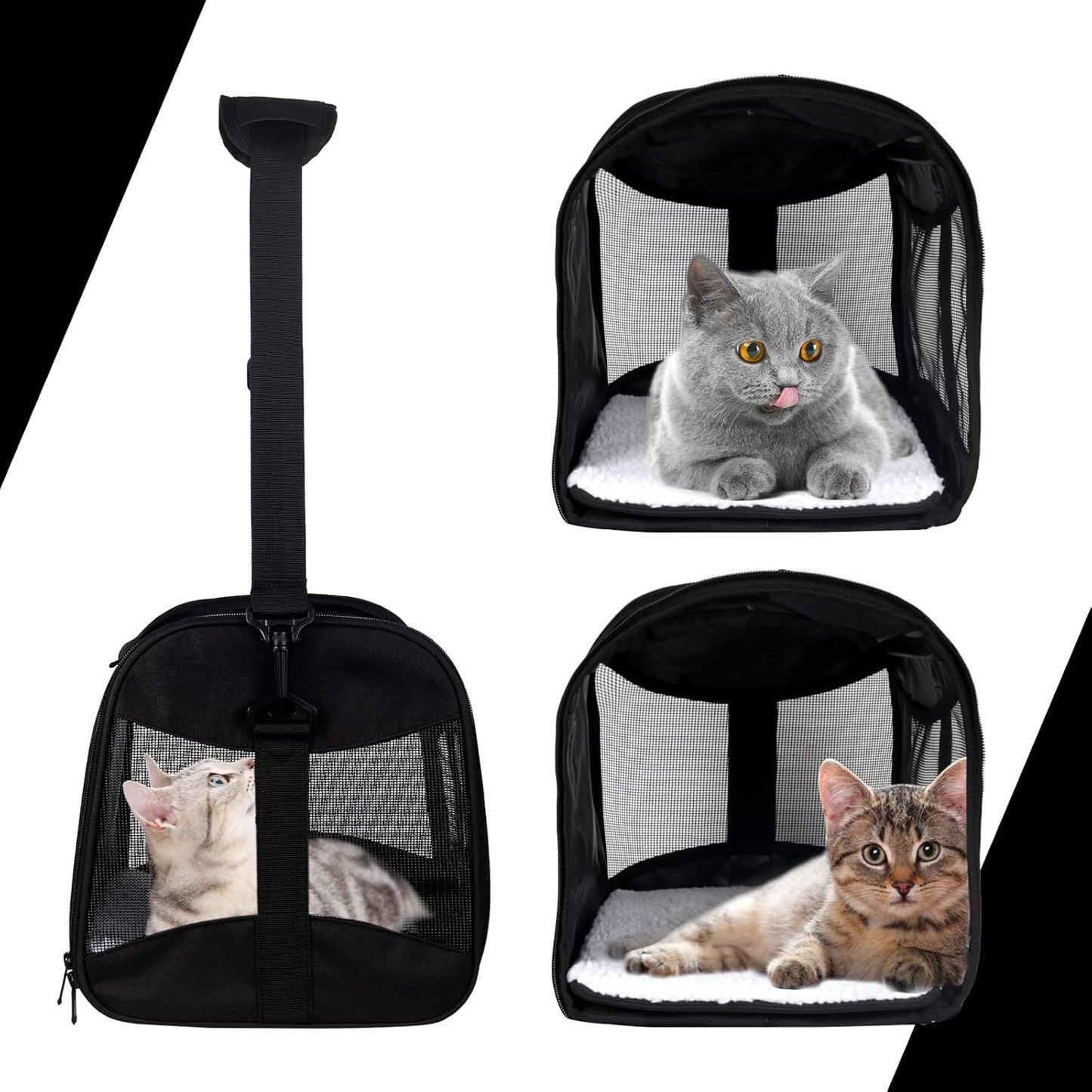 Cat Carrying Case - Pet Carrier Airline Approved, Protable and Breathable Pet Travel Carrier Removable Fleece Pad, Collapsible Cat Carrier Dog Carrier for Medium Cats Small Cats Dogs(Medium, Black)