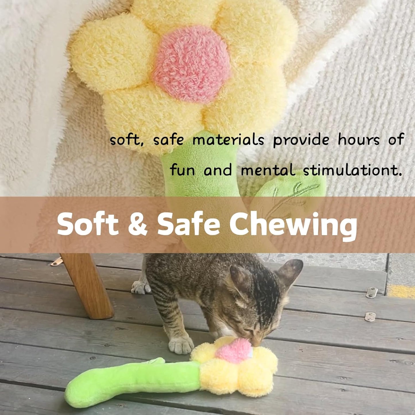 Catnip Refillable Interactive Cat Toy with Crinkle Sound, Flower Kicker Toy for Indoor Cats, Includes 6-Pack Catnip Pouches, Chew, Food Puzzle for Kitten Enrichment