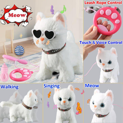 White Leash Walking Cat Set Singing That Purrs and Meows Animated Plush Robot Kitten Pet Moving Plush Realistic Stuffed Animal Remote Control Cute Kawai Robotic Kitty Toy for Kid