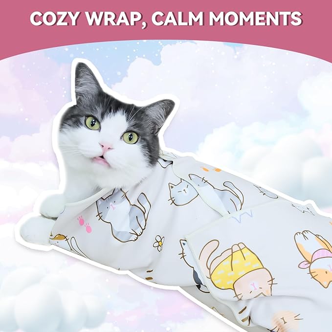 Cat Grooming Wrap for Cutting Nails, 27.6" Anti-Escape Calming Cat Swaddle Wrap for Medicine, Nail Clipping, Teeth Brushing, Ear Cleaning, Self-Adherent Burrito Restraint, (Cat Land, L)