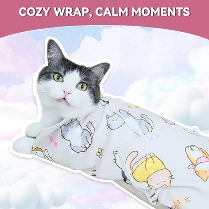 Cat Grooming Wrap for Cutting Nails, 27.6" Anti-Escape Calming Cat Swaddle Wrap for Medicine, Nail Clipping, Teeth Brushing, Ear Cleaning, Self-Adherent Burrito Restraint, (Cat Land, L)
